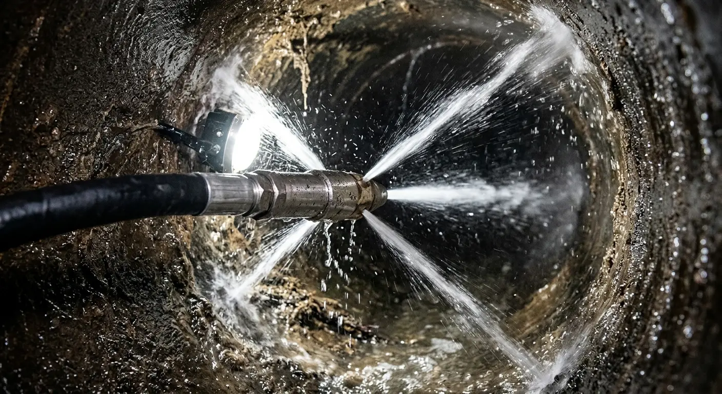 High-pressure hydro jetting nozzle cleaning sewer pipe for Trenchless Sewer Repair in Milford